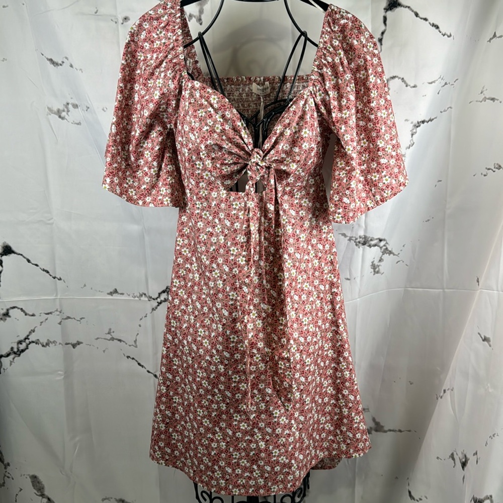 Umgee Hazy Punch Floral Dress Front Tie Bodice Cut Out Front and Back Smocked